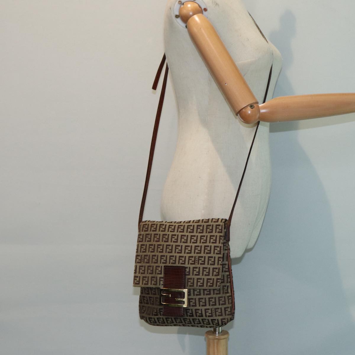 FENDI Zucchino Canvas Shoulder Bag Brown Gold bs17192