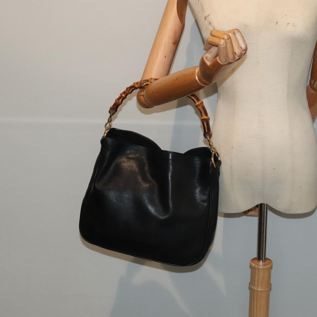 GUCCI Bamboo Hand Bag Leather Black Gold 001 1705 1638 bs17478
