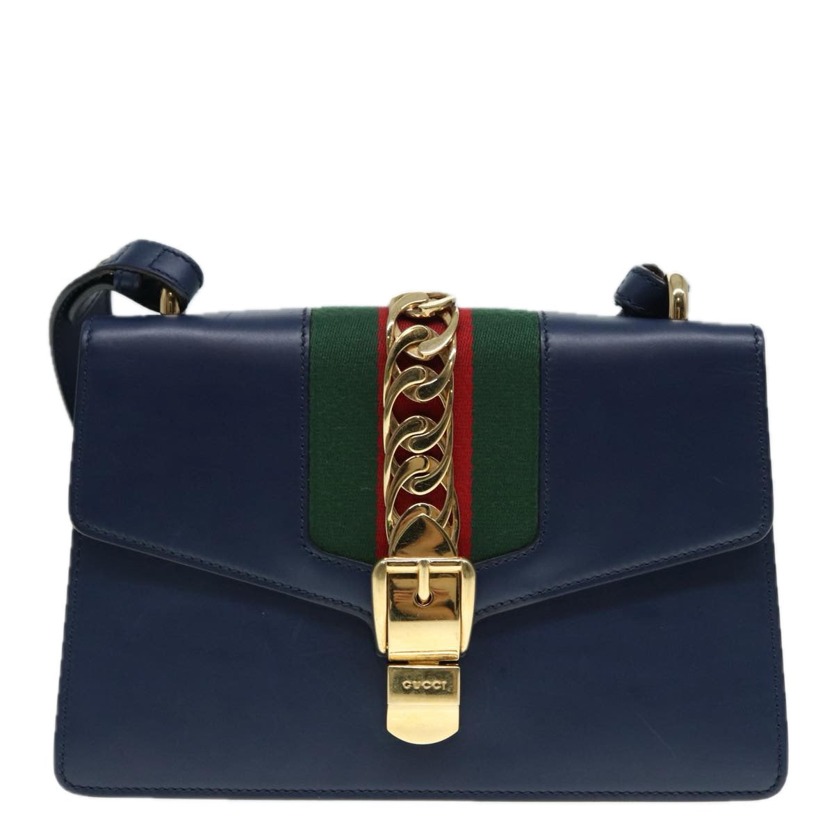 GUCCI Silvi Web Sherry Line Shoulder Bag Leather Navy Gold 421882 bs17583