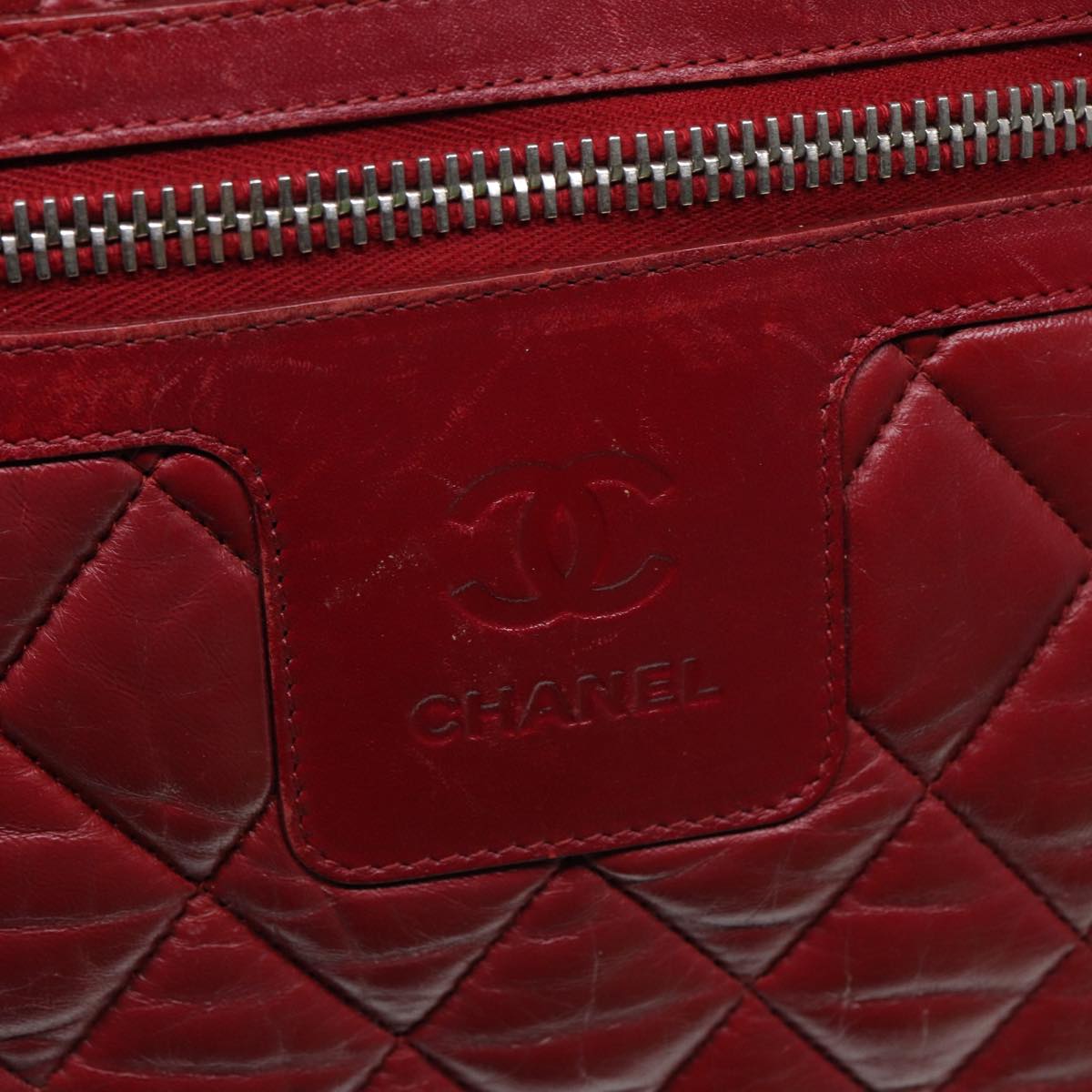 CHANEL Hand Bag Lamb Skin Red Silver CC bs17618