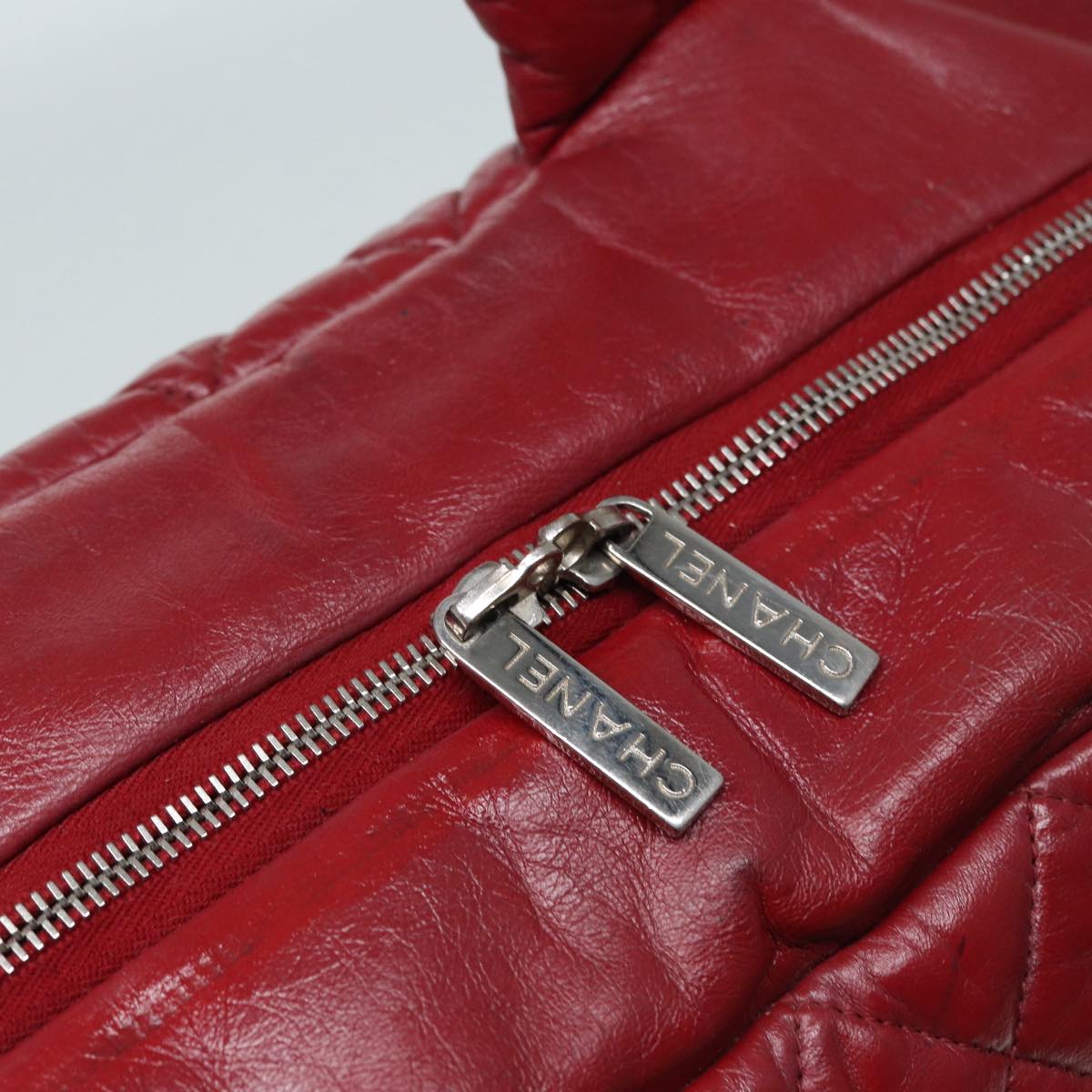 CHANEL Hand Bag Lamb Skin Red Silver CC bs17618