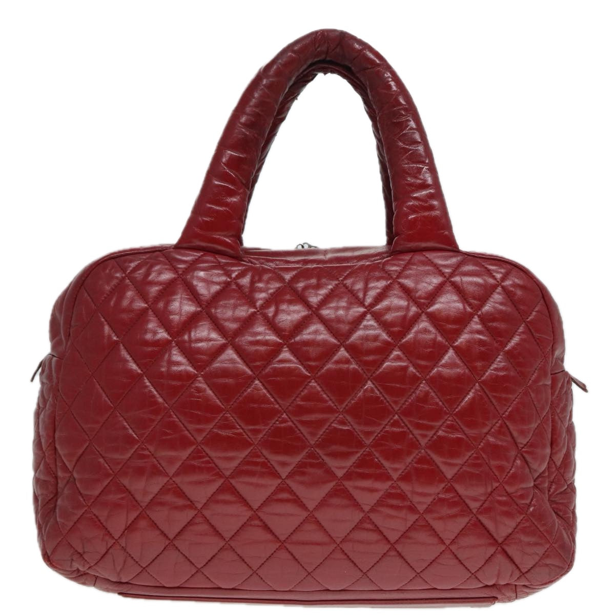 CHANEL Hand Bag Lamb Skin Red Silver CC bs17618