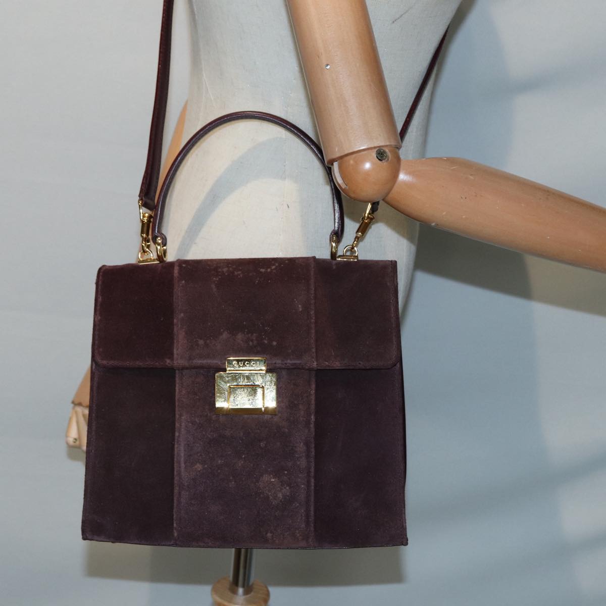 GUCCI Hand Bag Suede 2way Gold Brown bs17780