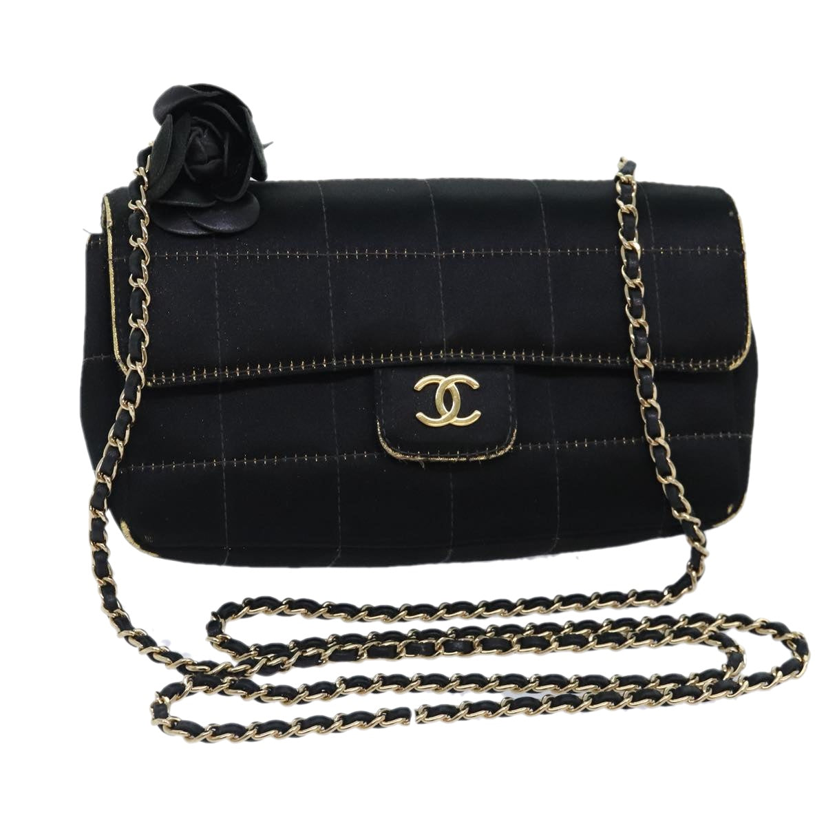 CHANEL Choco Bar Chain Shoulder Bag Satin Black CC bs18254