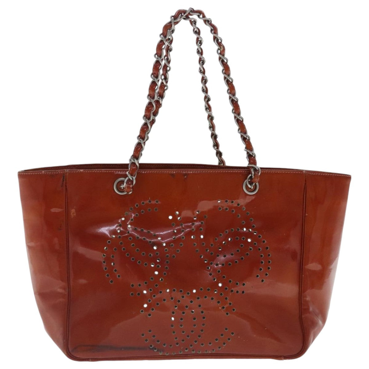 CHANEL Triple Coco Chain Tote Bag Patent leather Orange Silver CC bs18659