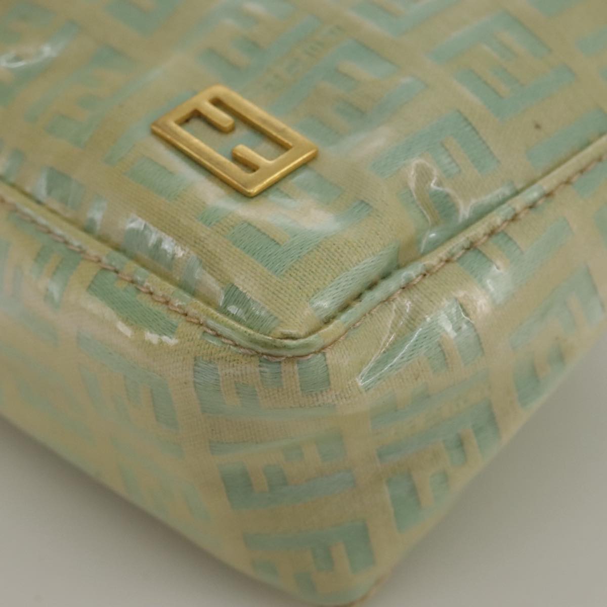 FENDI Zucchino Canvas Hand Bag Enamel Leather Blue Beige gold bs18730