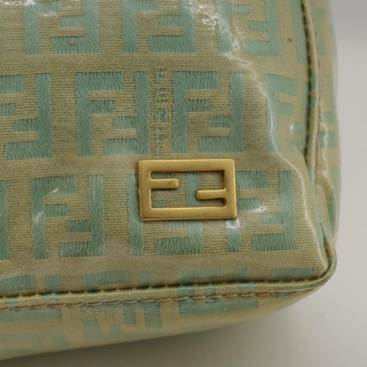 FENDI Zucchino Canvas Hand Bag Enamel Leather Blue Beige gold bs18730
