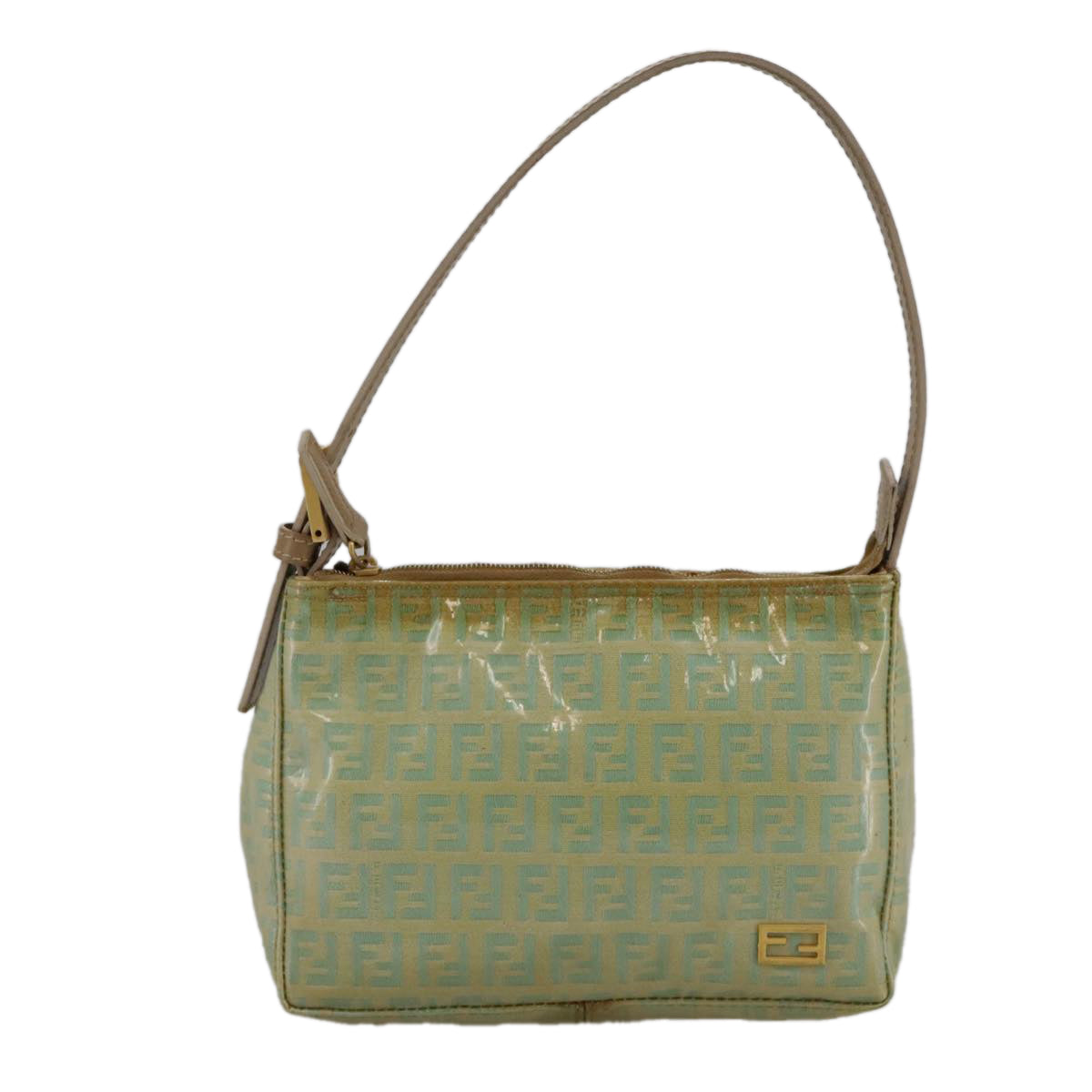 FENDI Zucchino Canvas Hand Bag Enamel Leather Blue Beige gold bs18730