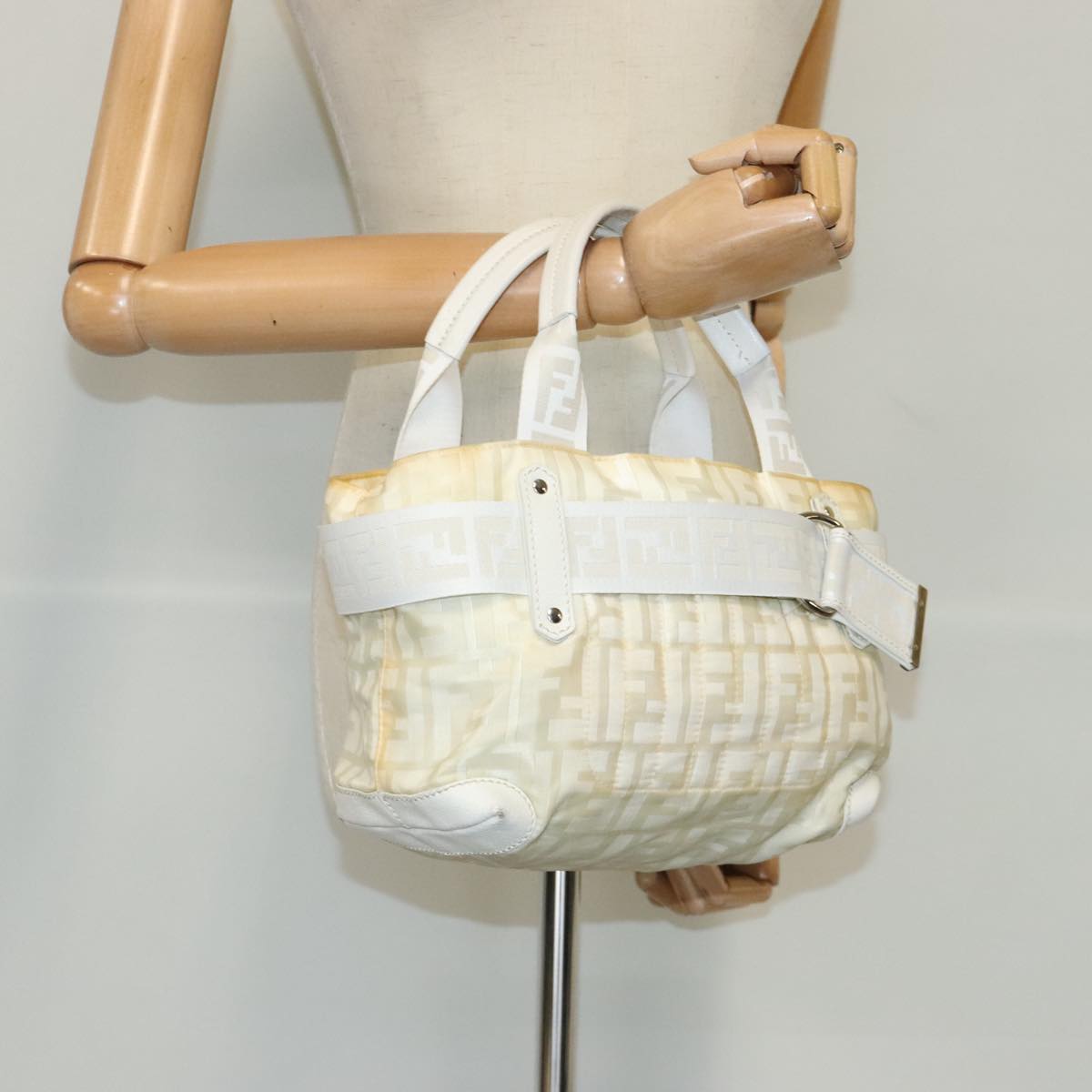 FENDI Zucca Canvas Hand Bag Silver White bs19074