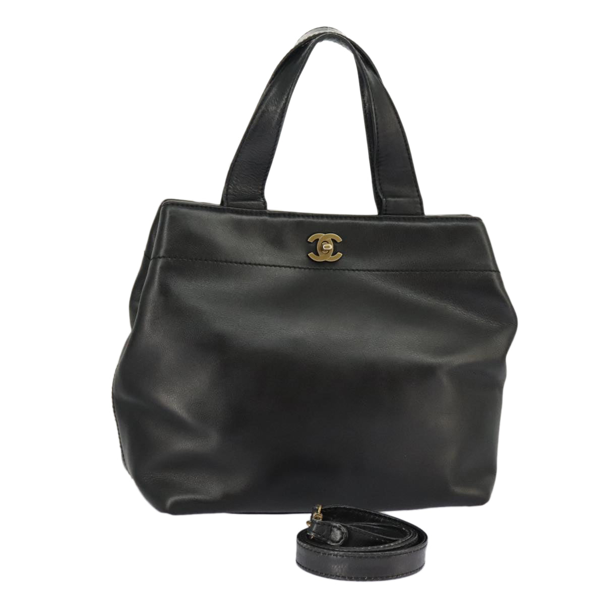 CHANEL Hand Bag Leather 2way Black Gold CC bs19252
