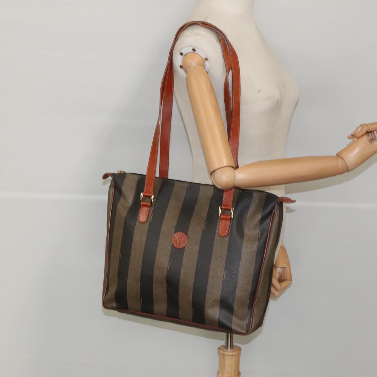 FENDI Pecan Canvas Tote Bag Brown Black Gold bs19326