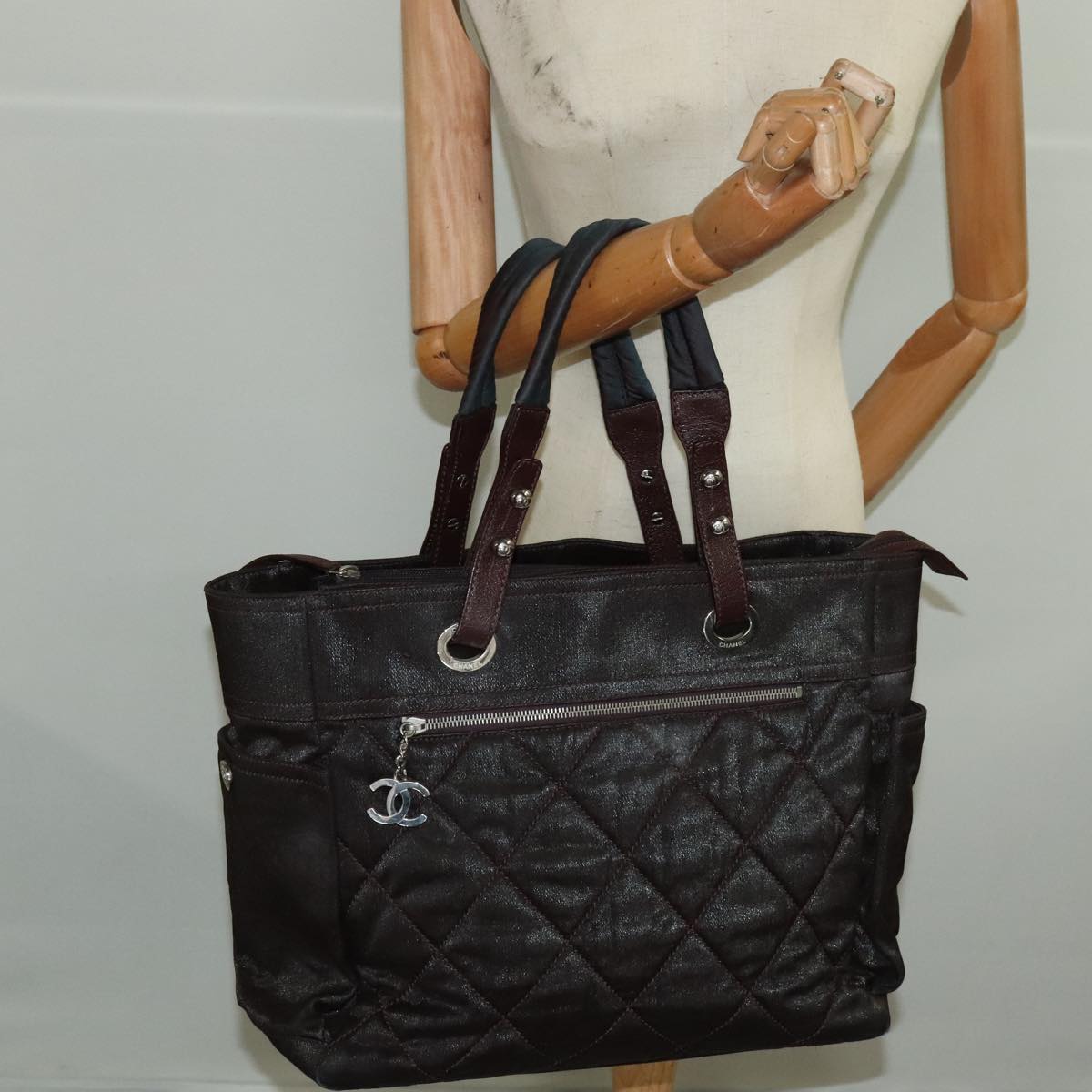 CHANEL Paris Biarritz Tote Bag Coated Canvas Brown Silver CC bs19435