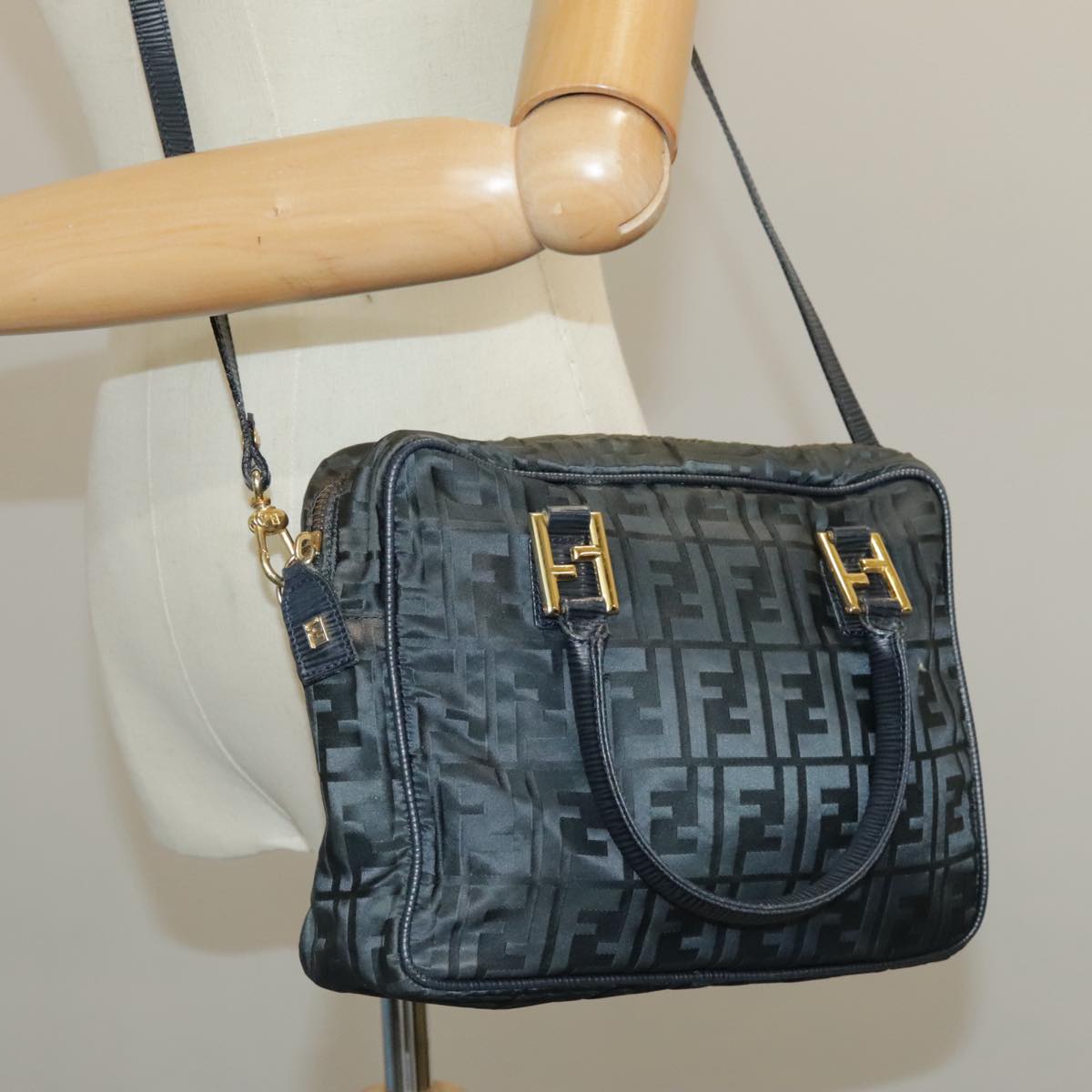 FENDI Zucca Canvas Hand Bag 2way Navy Gold bs19759