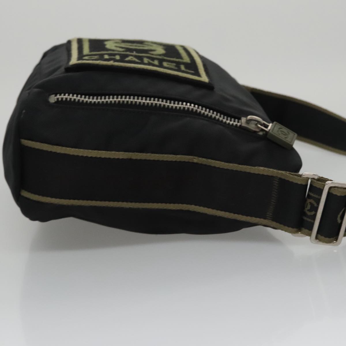 CHANEL Sports Shoulder Bag Nylon Black Khaki Silver CC bs20802