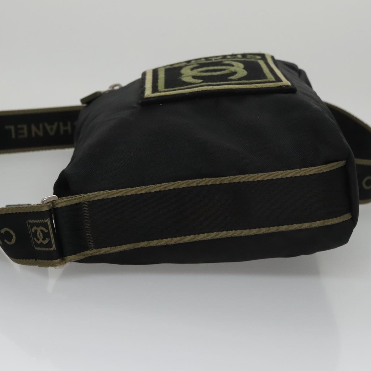 CHANEL Sports Shoulder Bag Nylon Black Khaki Silver CC bs20802