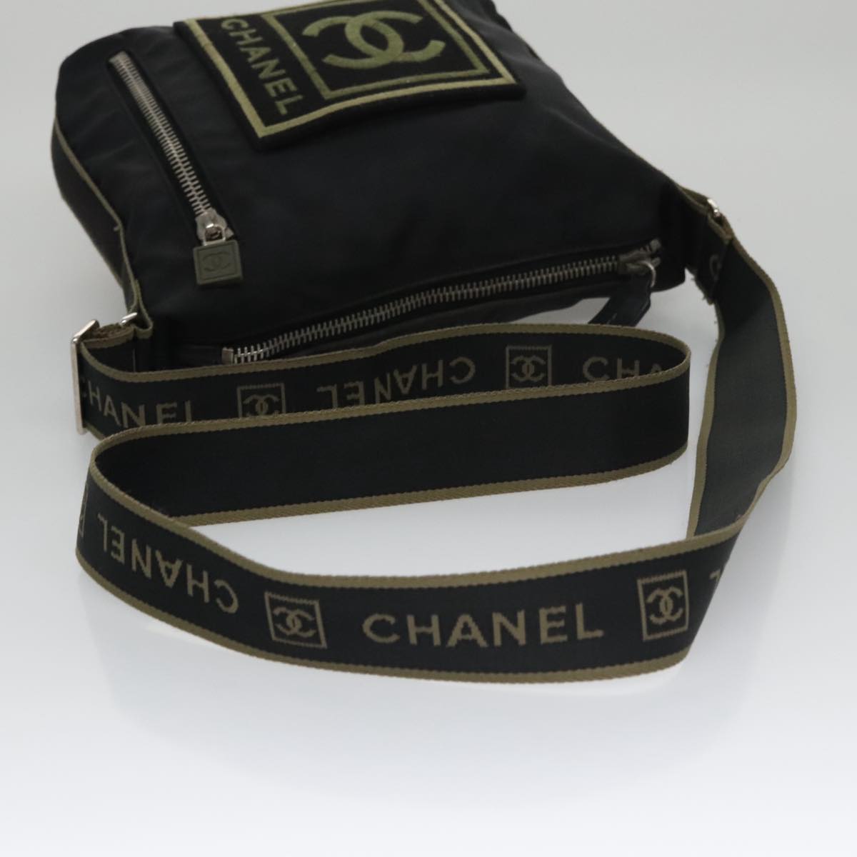 CHANEL Sports Shoulder Bag Nylon Black Khaki Silver CC bs20802