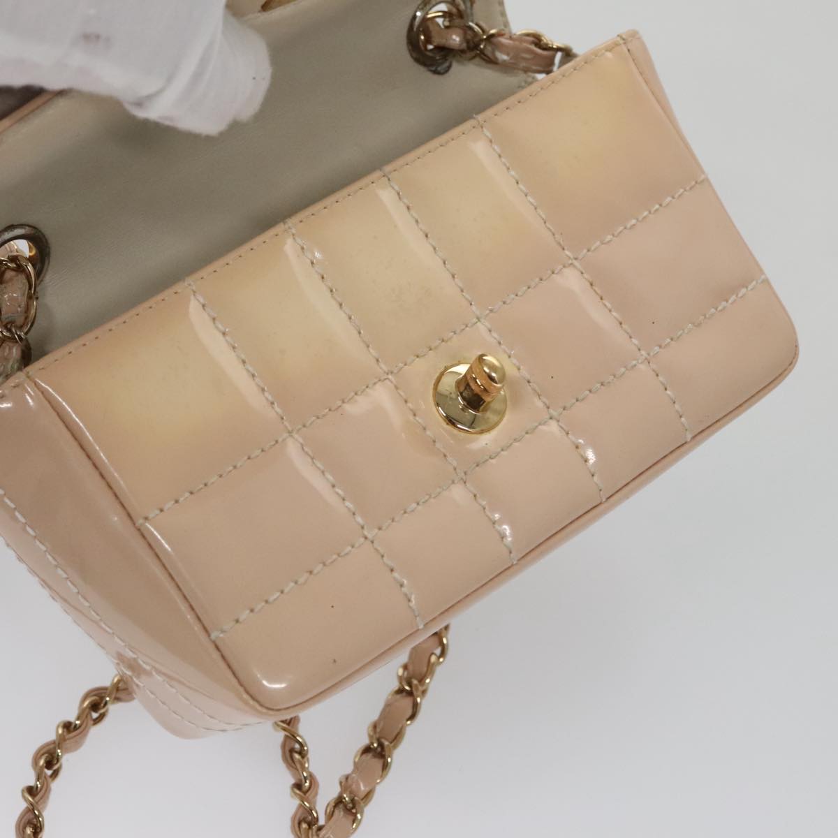 CHANEL Choco Bar Chain Shoulder Bag Patent Leather Pink Gold CC bs20804