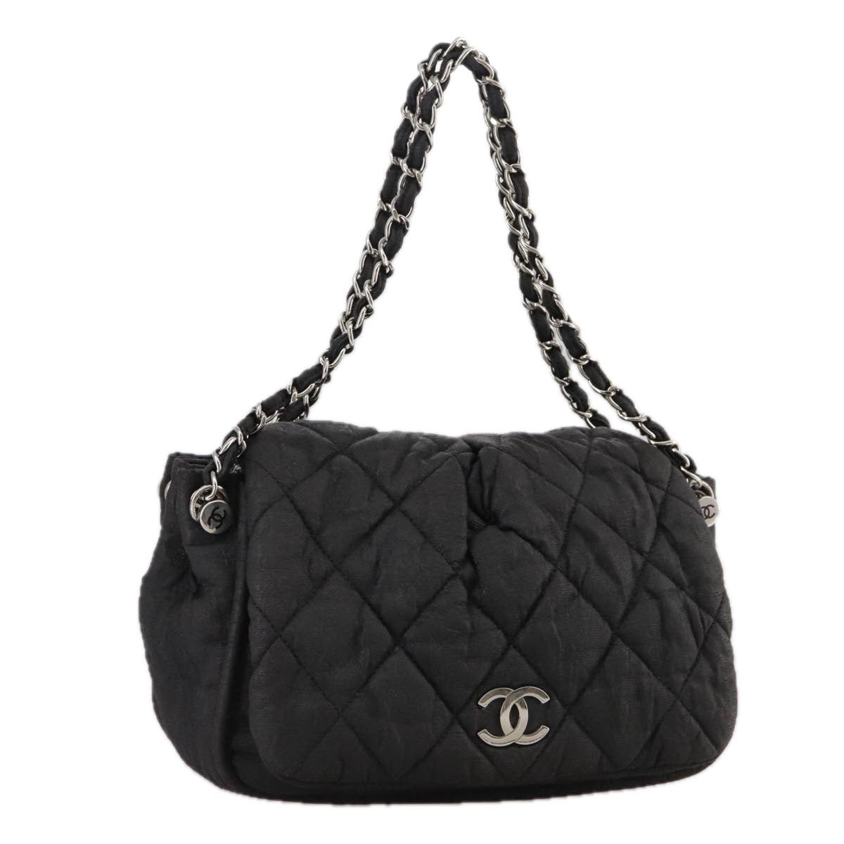 CHANEL Matelasse Chain Hand Bag Coated Canvas Black Silver CC bs20902