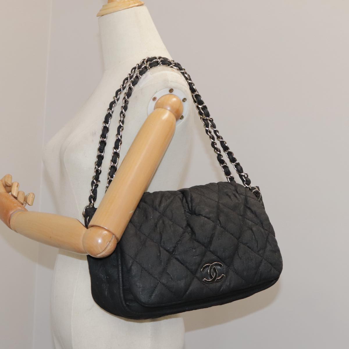 CHANEL Matelasse Chain Hand Bag Coated Canvas Black Silver CC bs20902