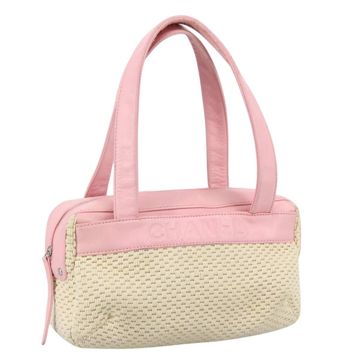 CHANEL Hand Bag Cotton Leather Pink Beige Silver CC bs20916