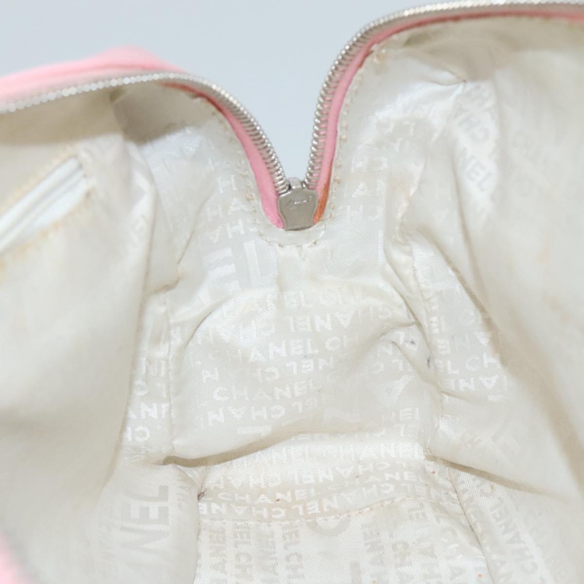 CHANEL Hand Bag Cotton Leather Pink Beige Silver CC bs20916
