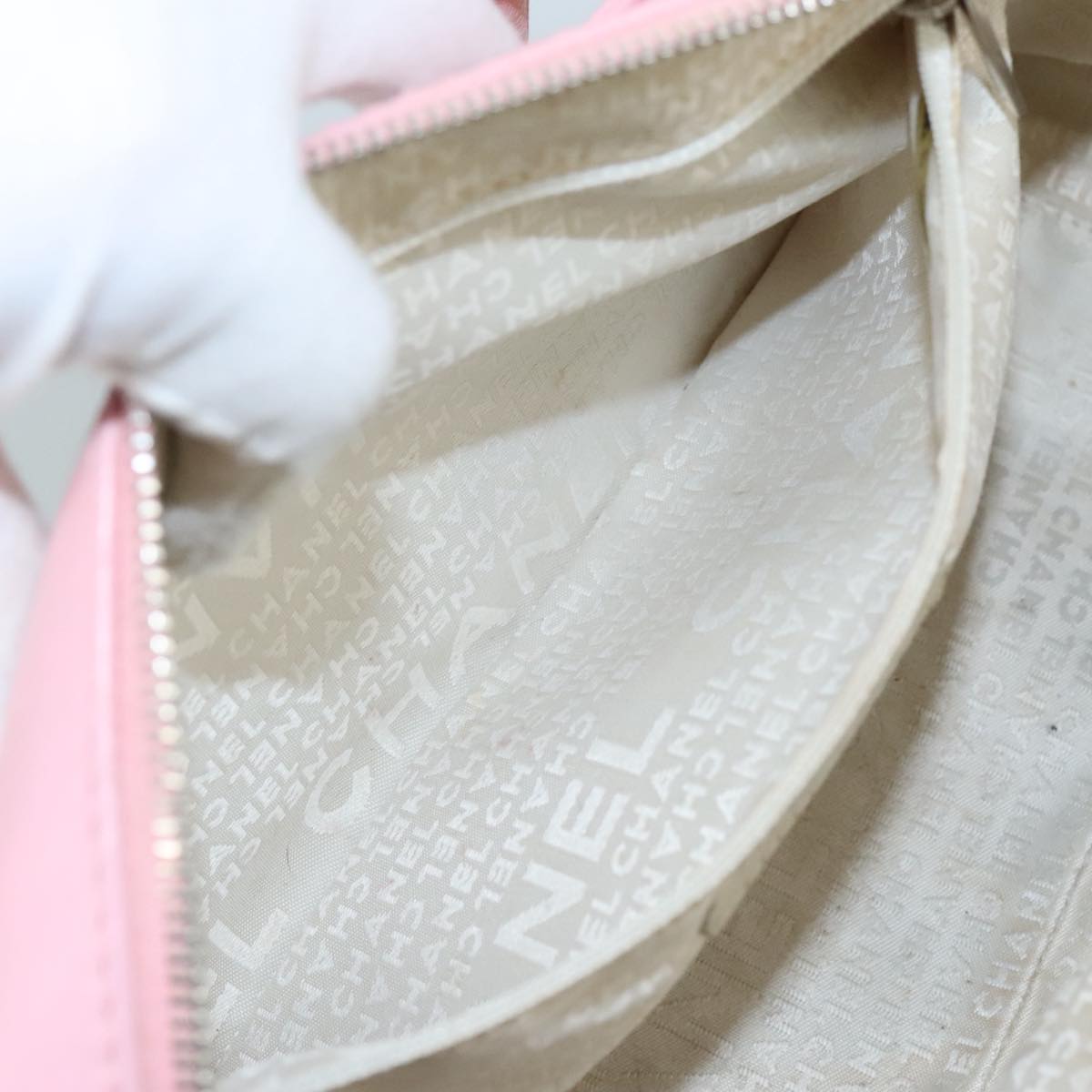 CHANEL Hand Bag Cotton Leather Pink Beige Silver CC bs20916