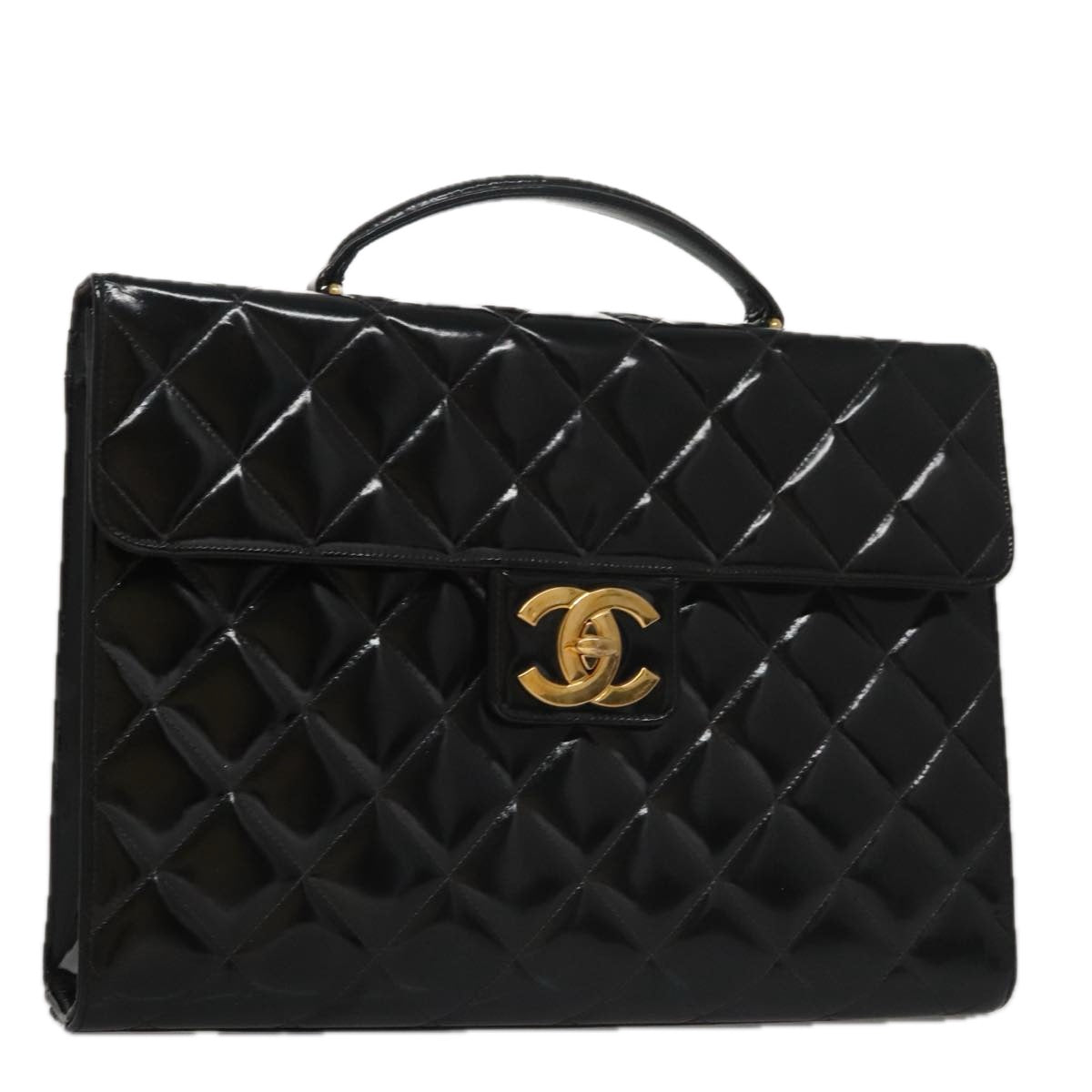 CHANEL Matelasse Hand Bag Enamel Black Gold CC bs20920