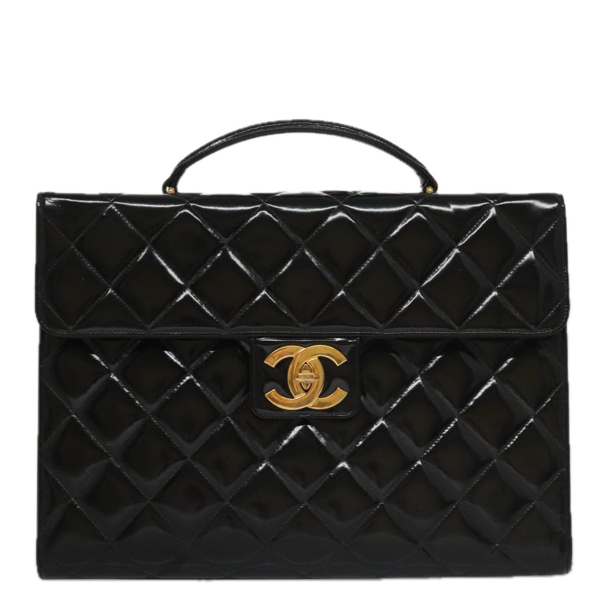 CHANEL Matelasse Hand Bag Enamel Black Gold CC bs20920