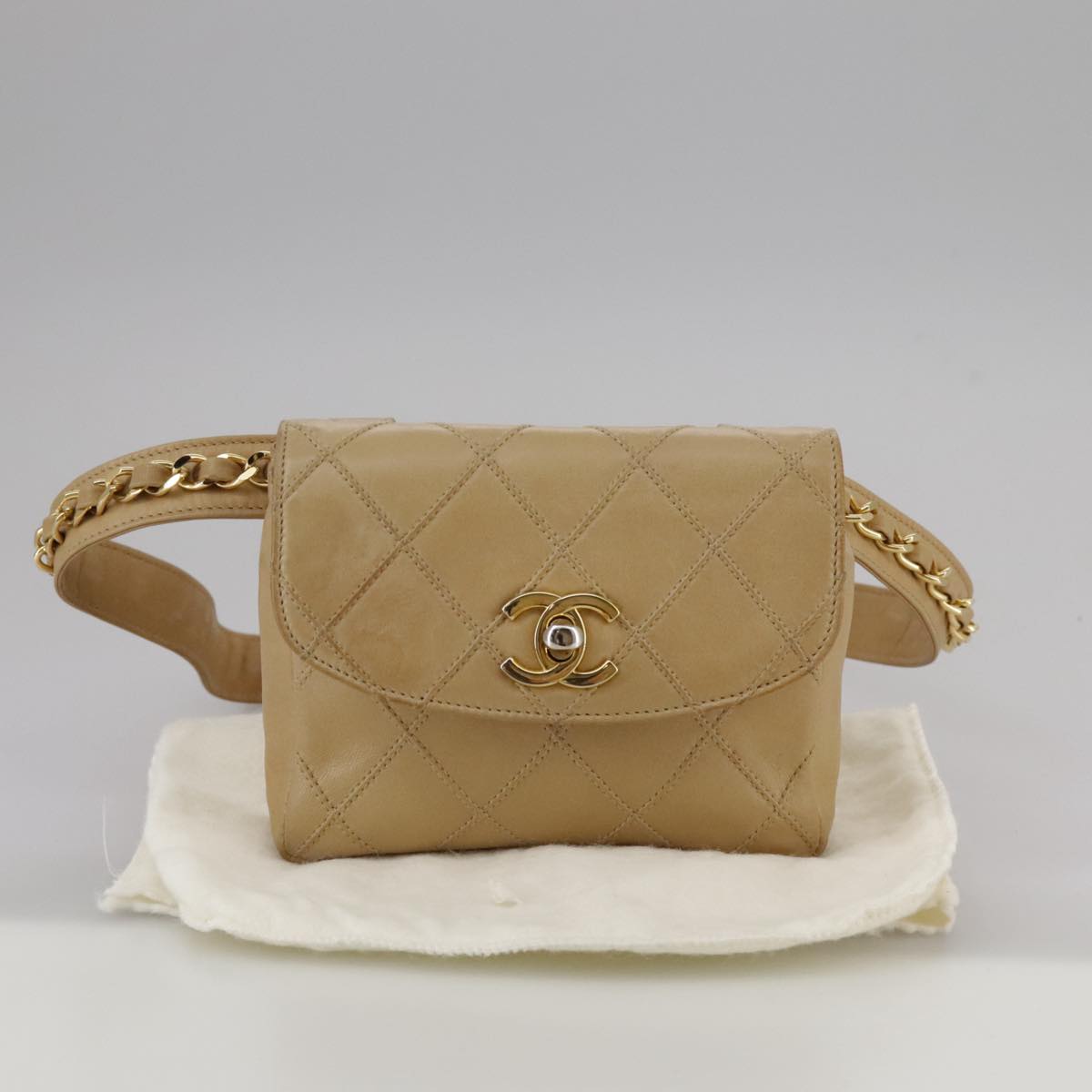 CHANEL Bicolore Waist bag Lamb Skin Beige Gold CC bs21018