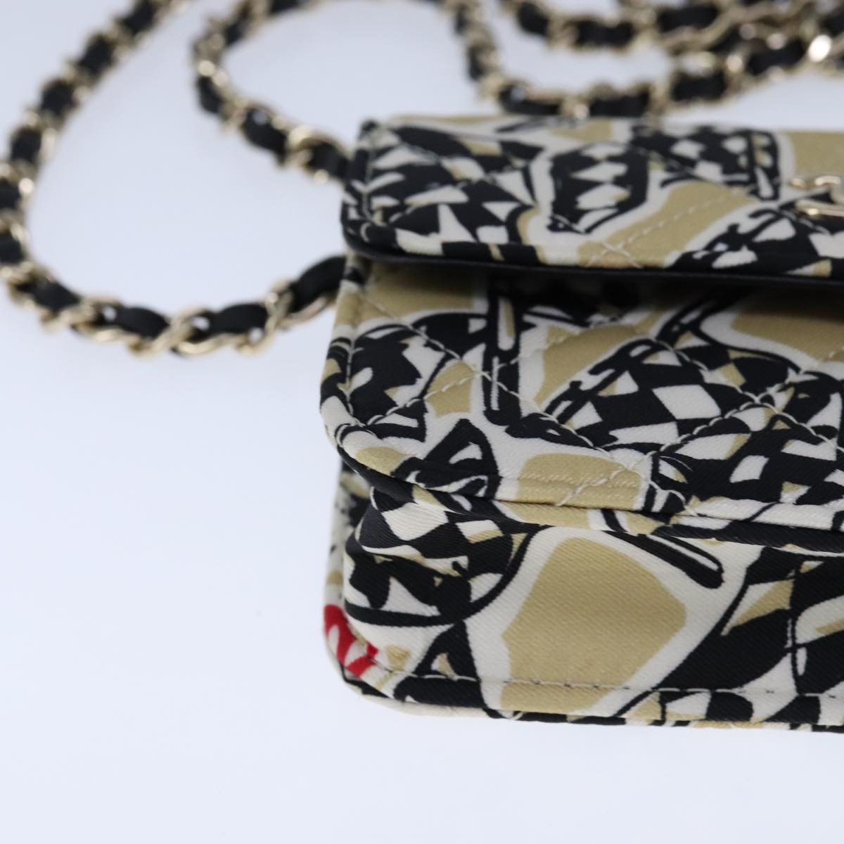 CHANEL Chain Matelasse Checkered Flag Shoulder Bag Canvas Beige CC bs21030A