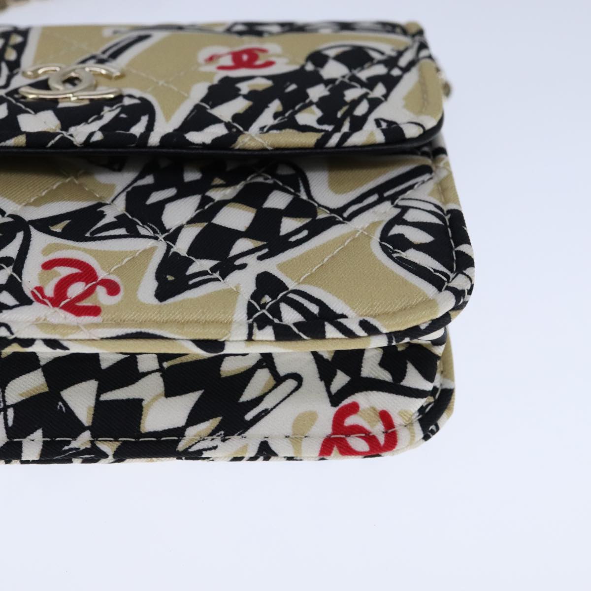 CHANEL Chain Matelasse Checkered Flag Shoulder Bag Canvas Beige CC bs21030A