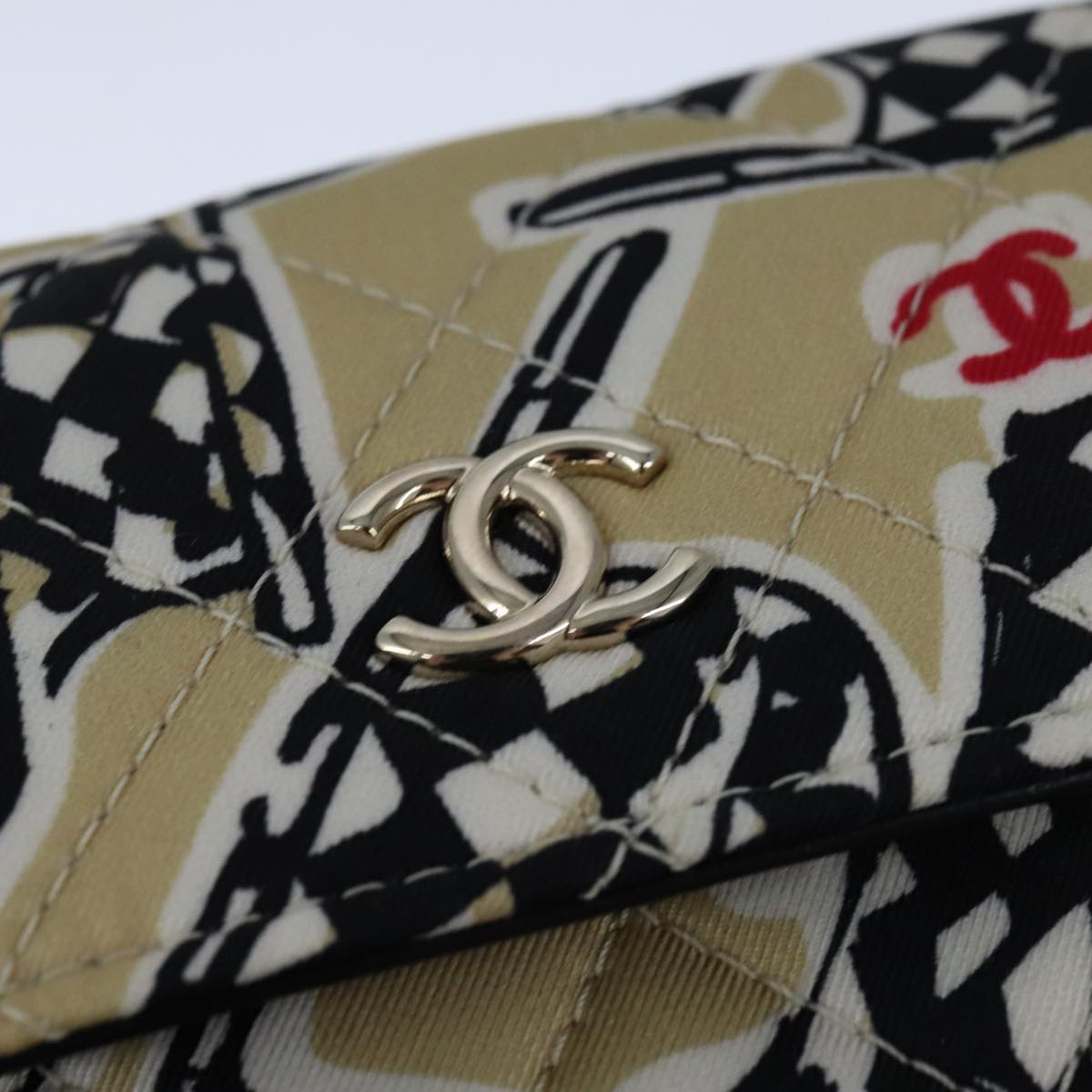 CHANEL Chain Matelasse Checkered Flag Shoulder Bag Canvas Beige CC bs21030A