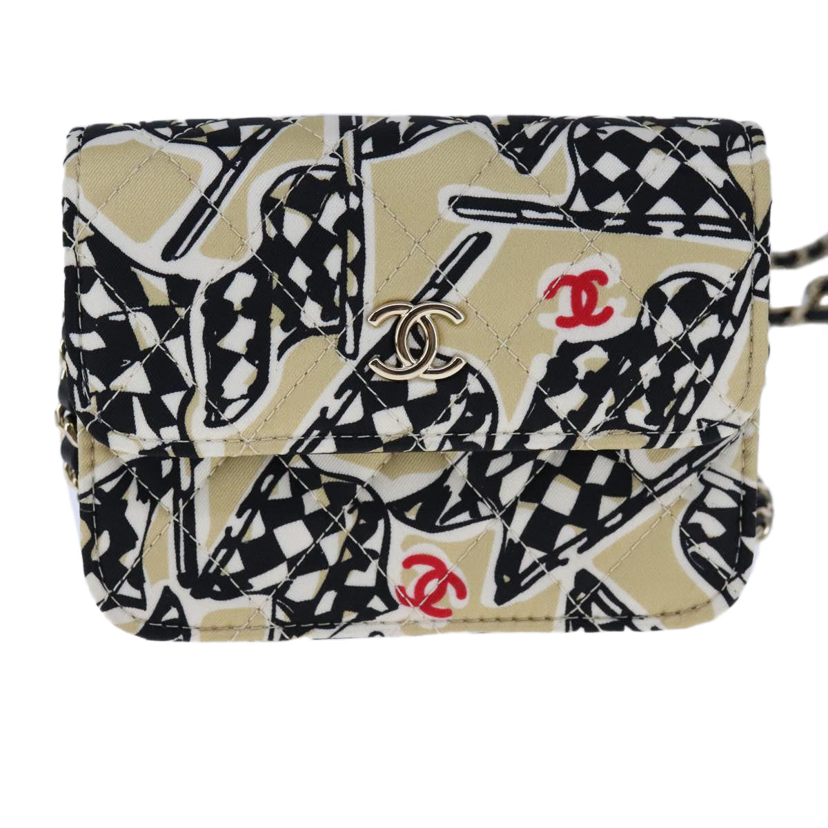 CHANEL Chain Matelasse Checkered Flag Shoulder Bag Canvas Beige CC bs21030A