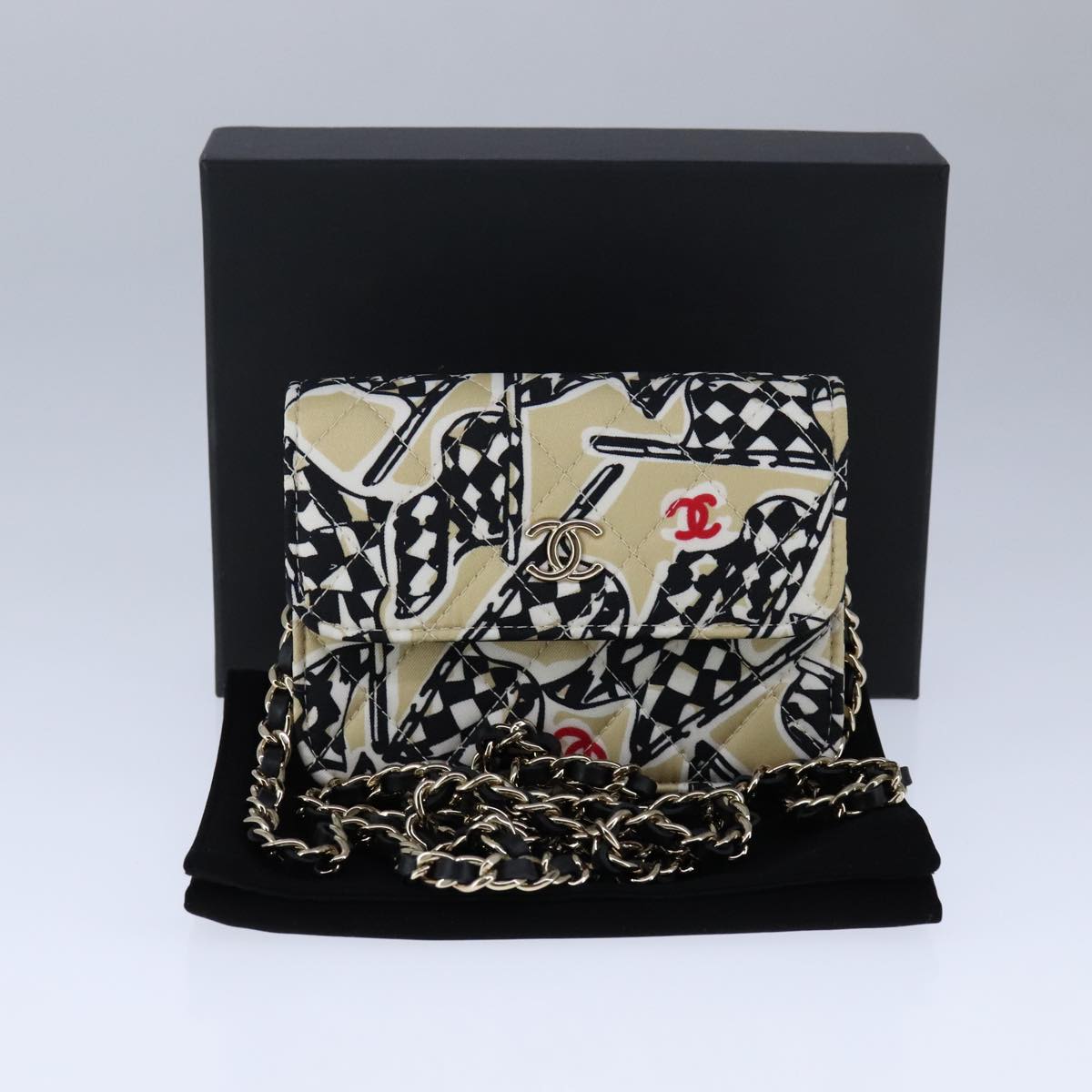CHANEL Chain Matelasse Checkered Flag Shoulder Bag Canvas Beige CC bs21030A