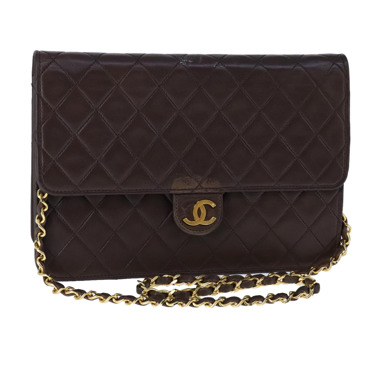 CHANEL Chain Shoulder Bag Lamb Skin Gold Brown CC bs21127