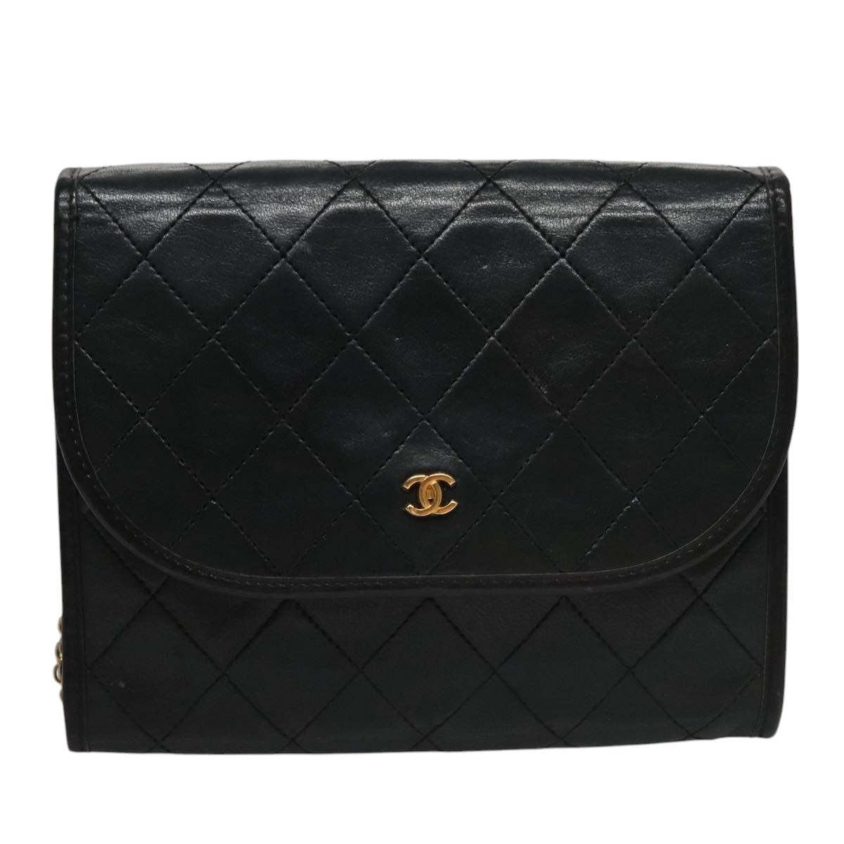 CHANEL Chain Matelasse Shoulder Bag Lamb Skin Gold Black CC bs21129
