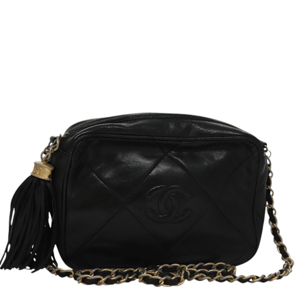 CHANEL Chain Matelasse Shoulder Bag Lamb Skin Black Gold CC bs21320