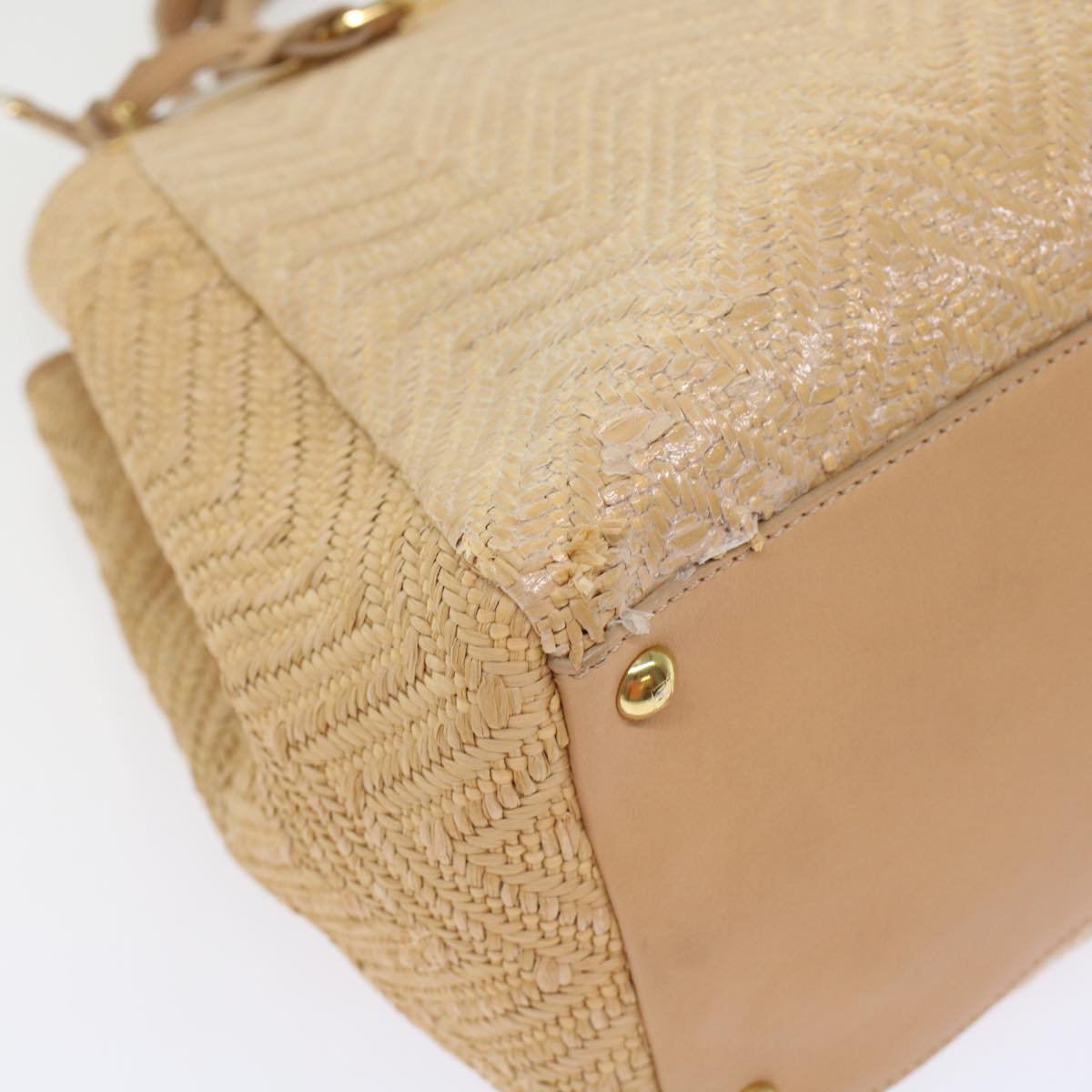 FENDI Two Joule Hand Bag Straw Beige bs6299