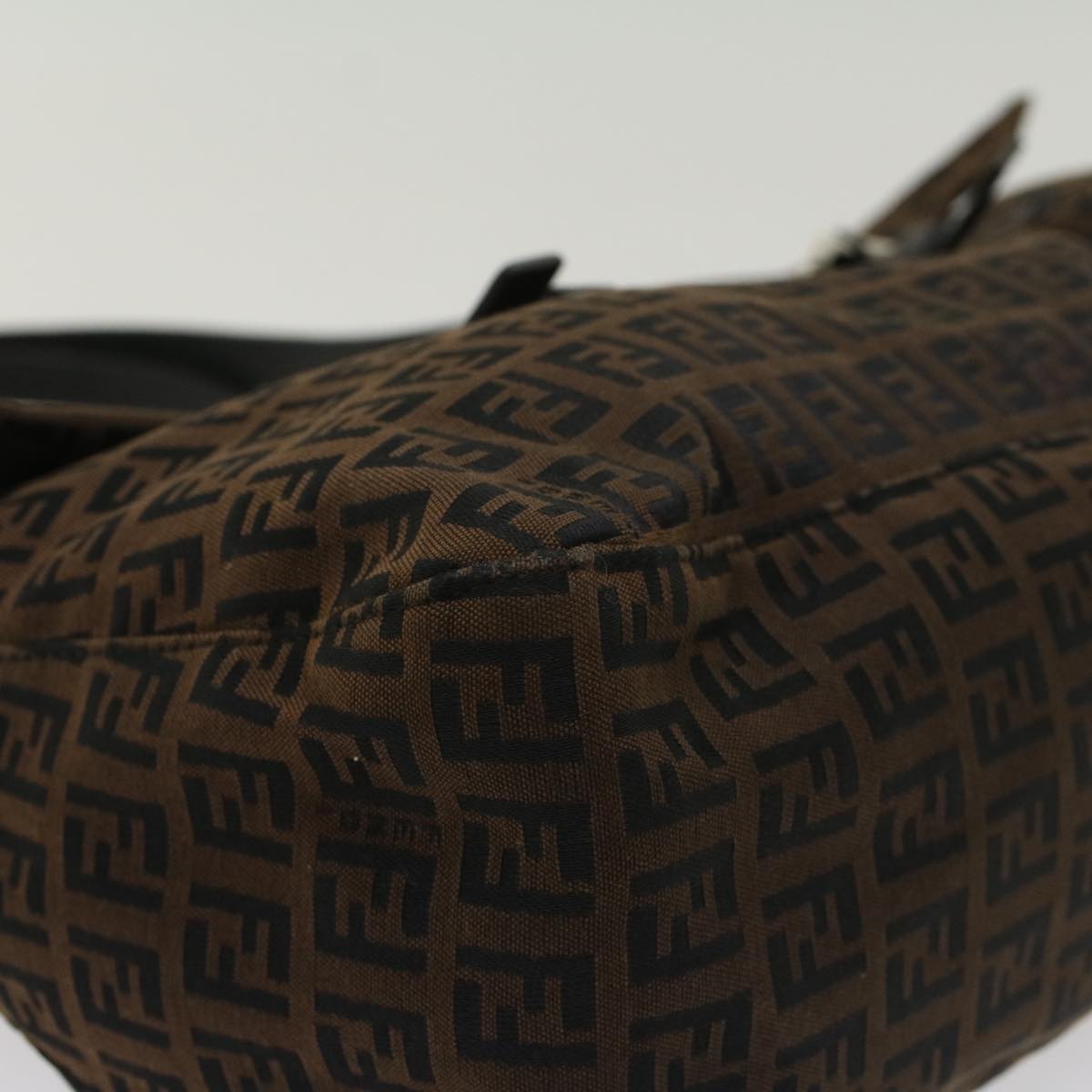 FENDI Zucchino Canvas Shoulder Bag Leather Dark Brown bs6815