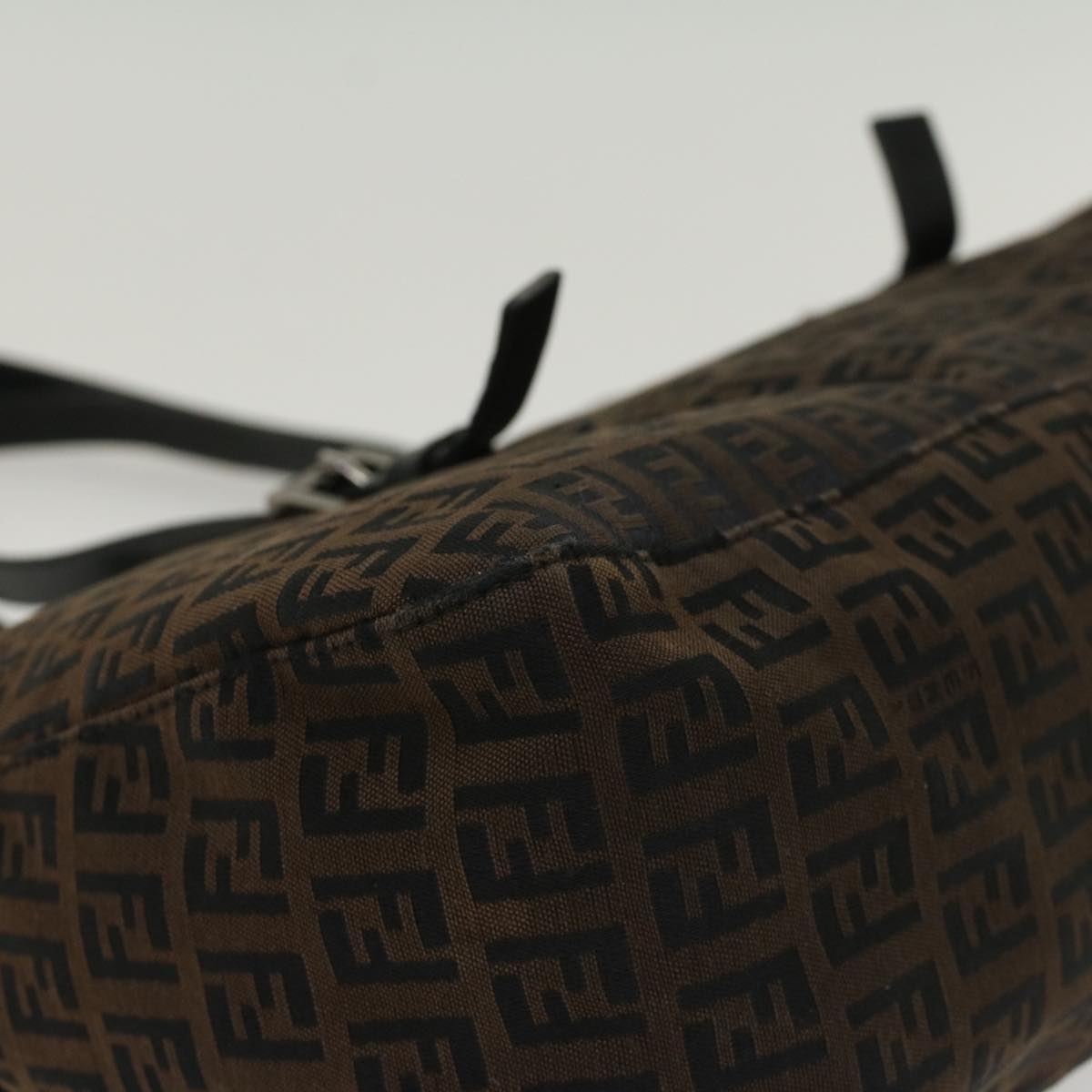 FENDI Zucchino Canvas Shoulder Bag Leather Dark Brown bs6815
