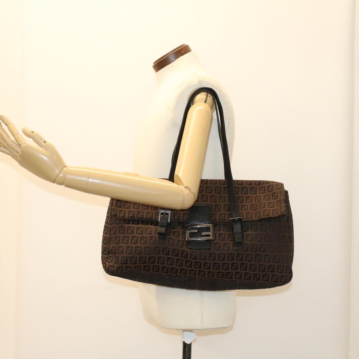 FENDI Zucchino Canvas Shoulder Bag Leather Dark Brown bs6815