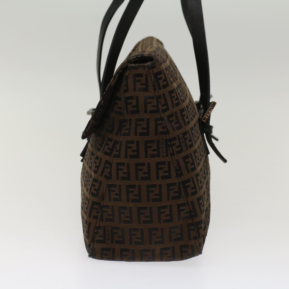 FENDI Zucchino Canvas Shoulder Bag Leather Dark Brown bs6815