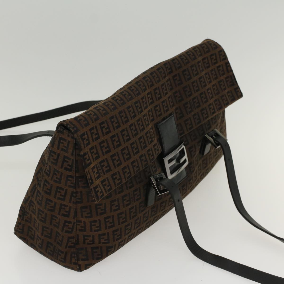 FENDI Zucchino Canvas Shoulder Bag Leather Dark Brown bs6815