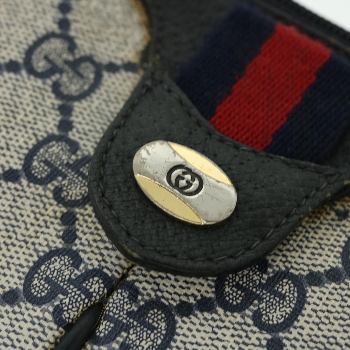 GUCCI GG Canvas Sherry Line Shoulder Bag Gray Red Navy 904•02•047 bs7625