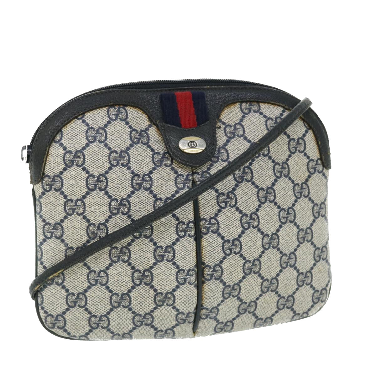 GUCCI GG Canvas Sherry Line Shoulder Bag Gray Red Navy 904•02•047 bs7625