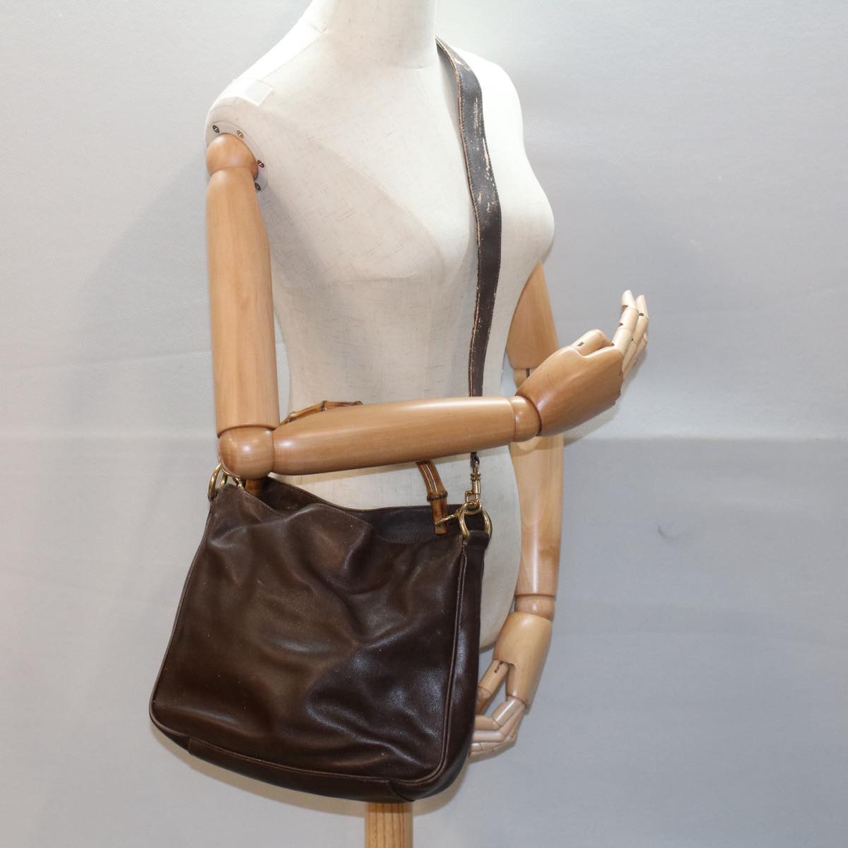 GUCCI Bamboo Shoulder Bag Leather 2way Brown 001 0166 1638 bs7848