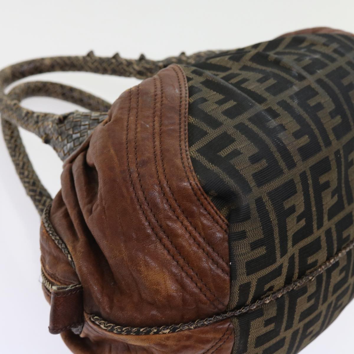 FENDI Zucca Canvas Spy Hand Bag Nylon Leather Brown bs8264