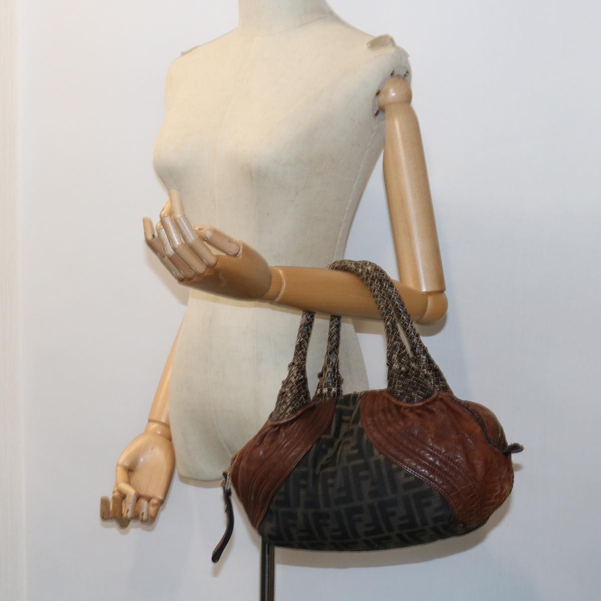 FENDI Zucca Canvas Spy Hand Bag Nylon Leather Brown bs8264