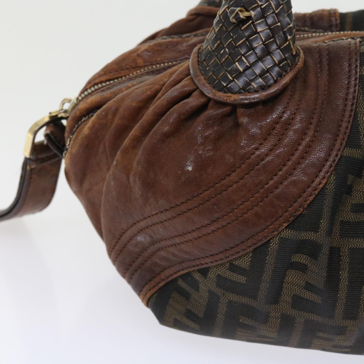 FENDI Zucca Canvas Spy Hand Bag Nylon Leather Brown bs8264