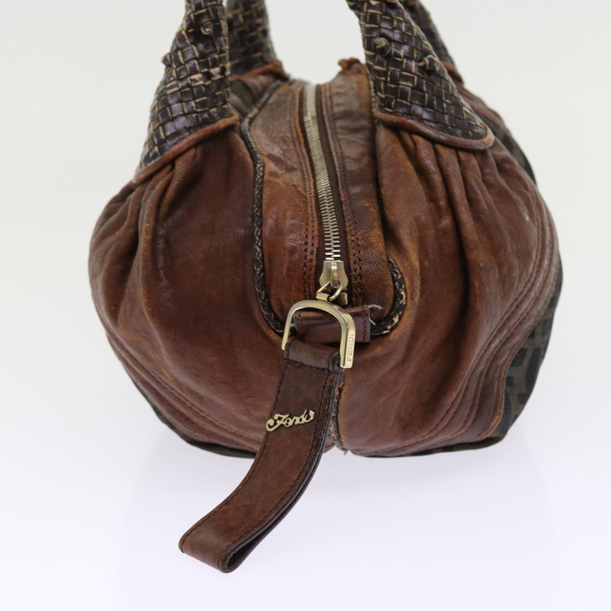 FENDI Zucca Canvas Spy Hand Bag Nylon Leather Brown bs8264